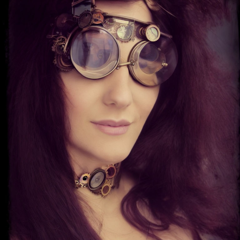 Woman with wavy hair in steampunk goggles with gears and lenses.