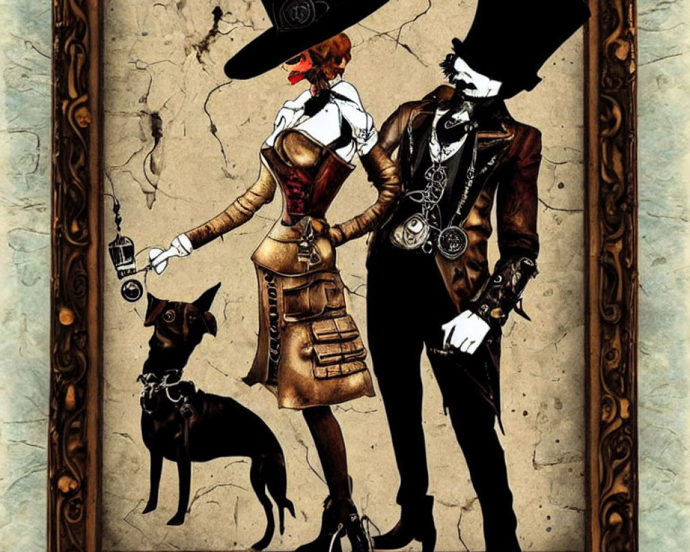 Steampunk-themed Victorian couple with top hats and black dog in vintage portrait