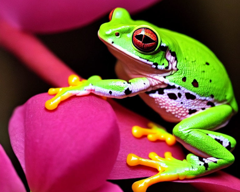 Colorful Frog on Pink Flower Petal