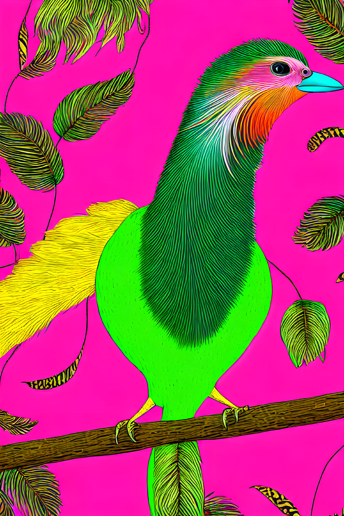 Colorful digital artwork of neon green bird on branch against pink background