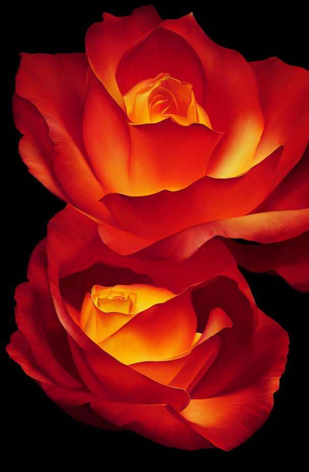 Vibrant red-orange roses with yellow hues on dark background