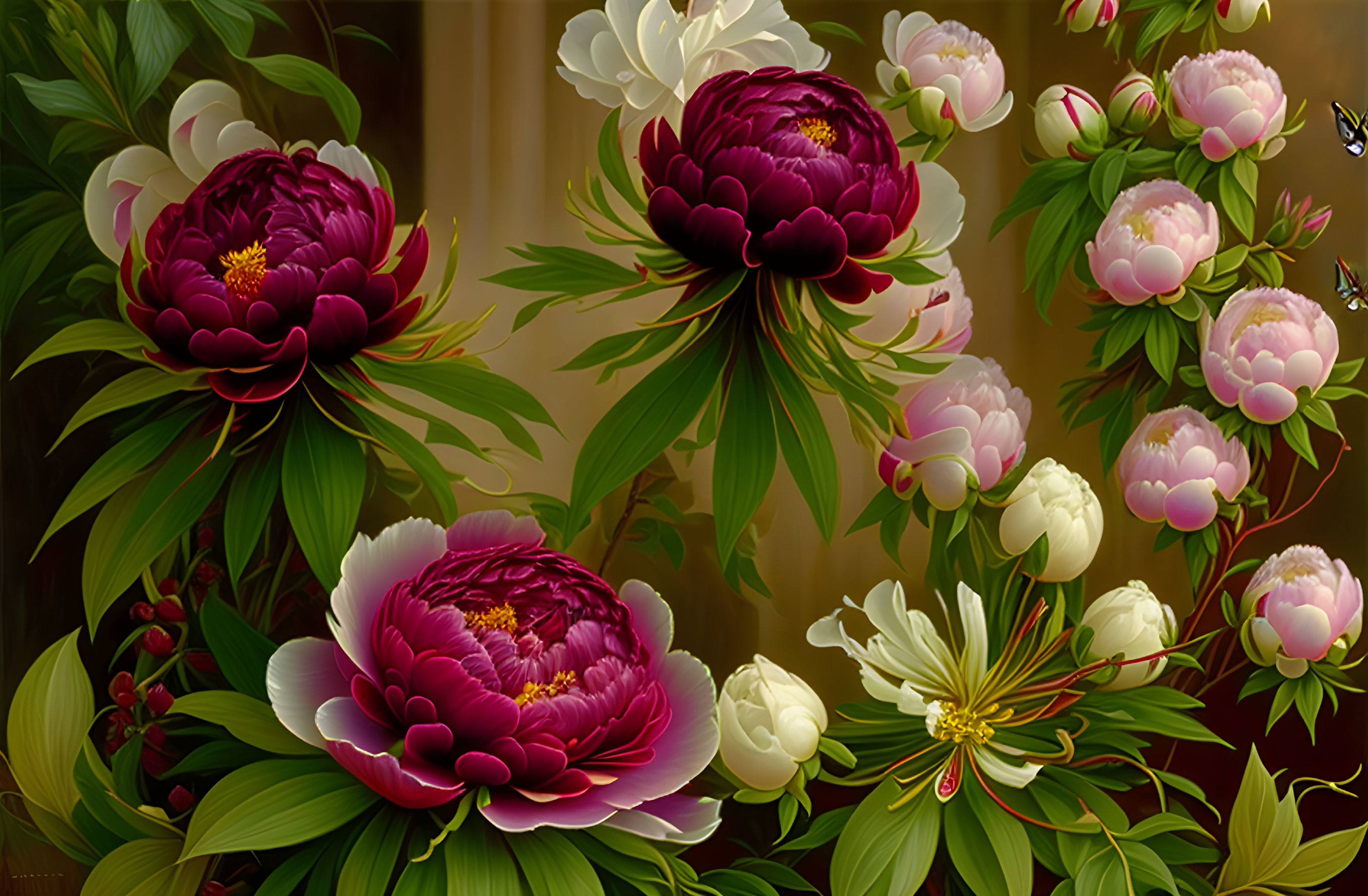 Colorful painting of blooming peonies with butterfly in lush setting