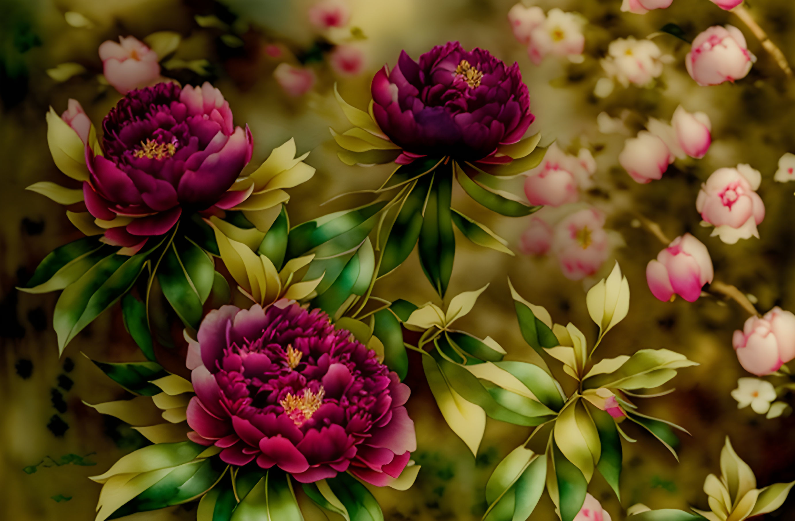 Lush peonies with deep pink petals and golden centers on earthy background