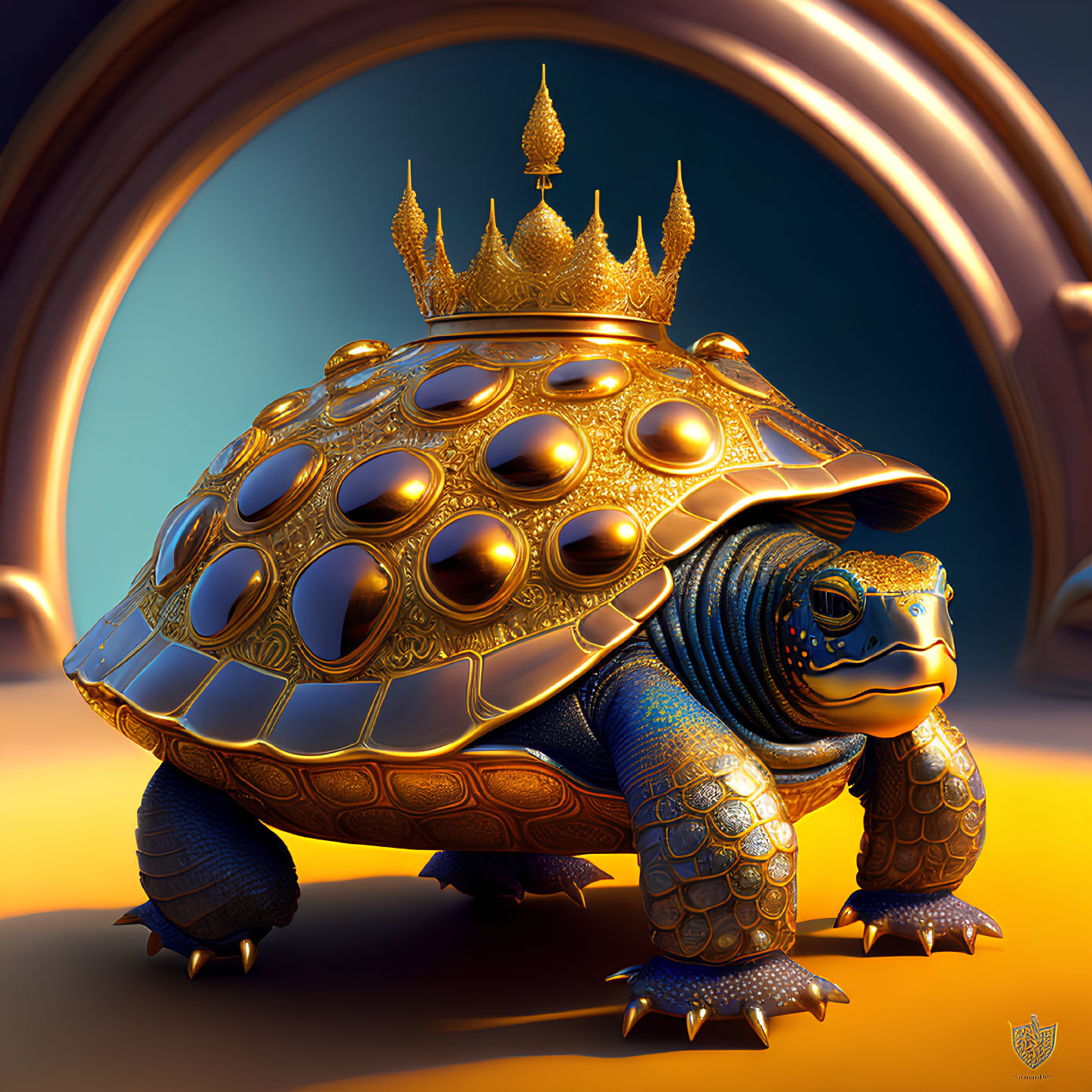 Regal tortoise with golden crown shell in front of mirror