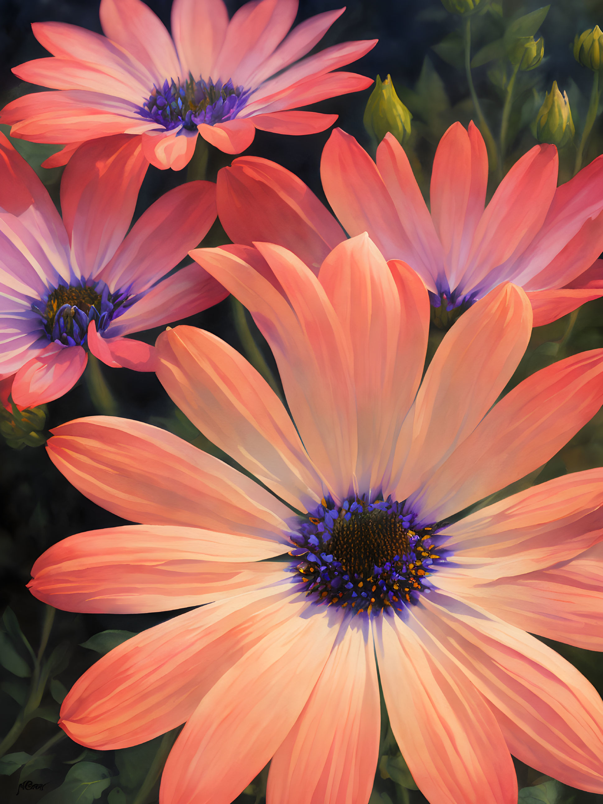 Coral-Colored Daisies Painting with Dark Leafy Background