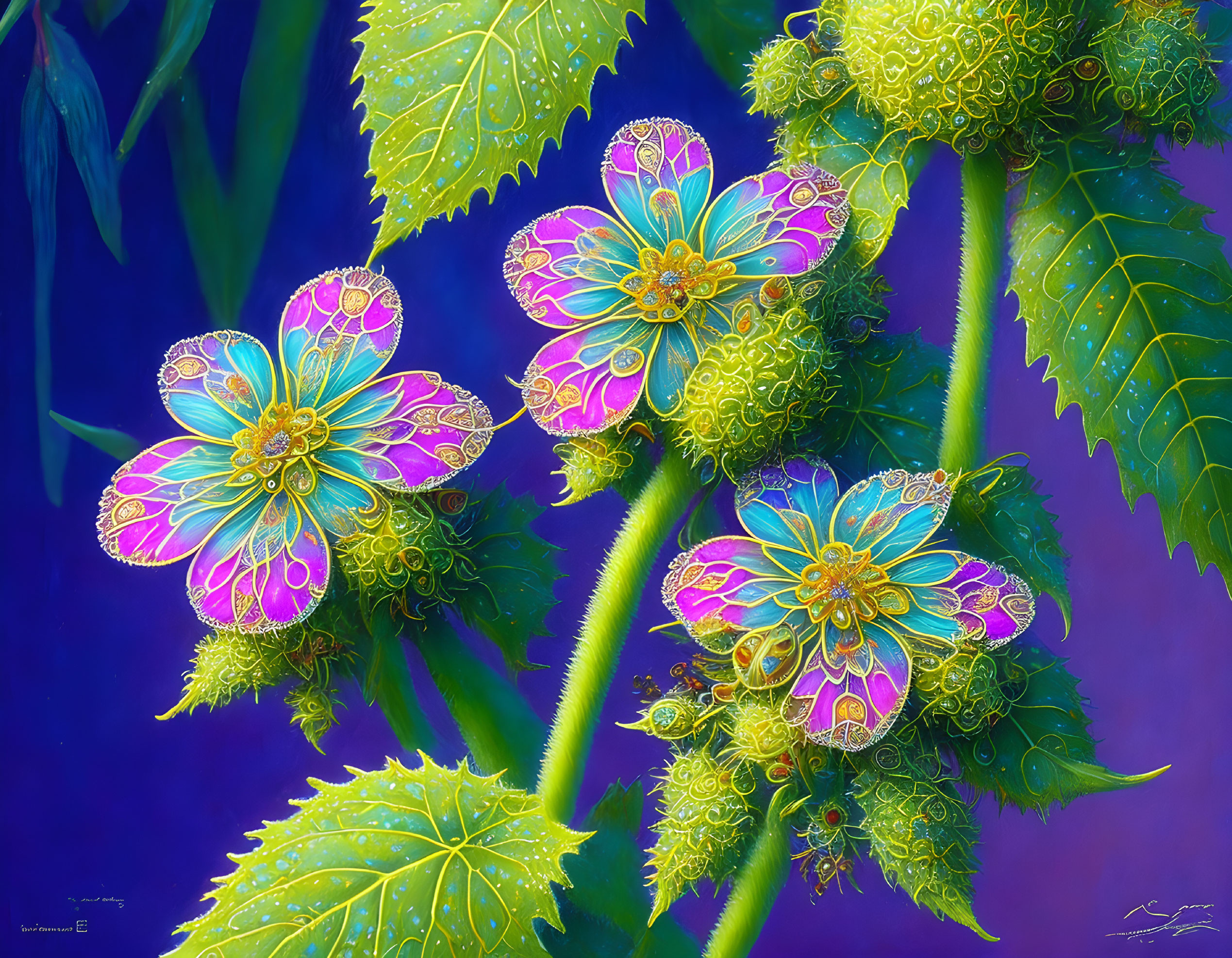 Colorful digital floral art on blue background with intricate patterns