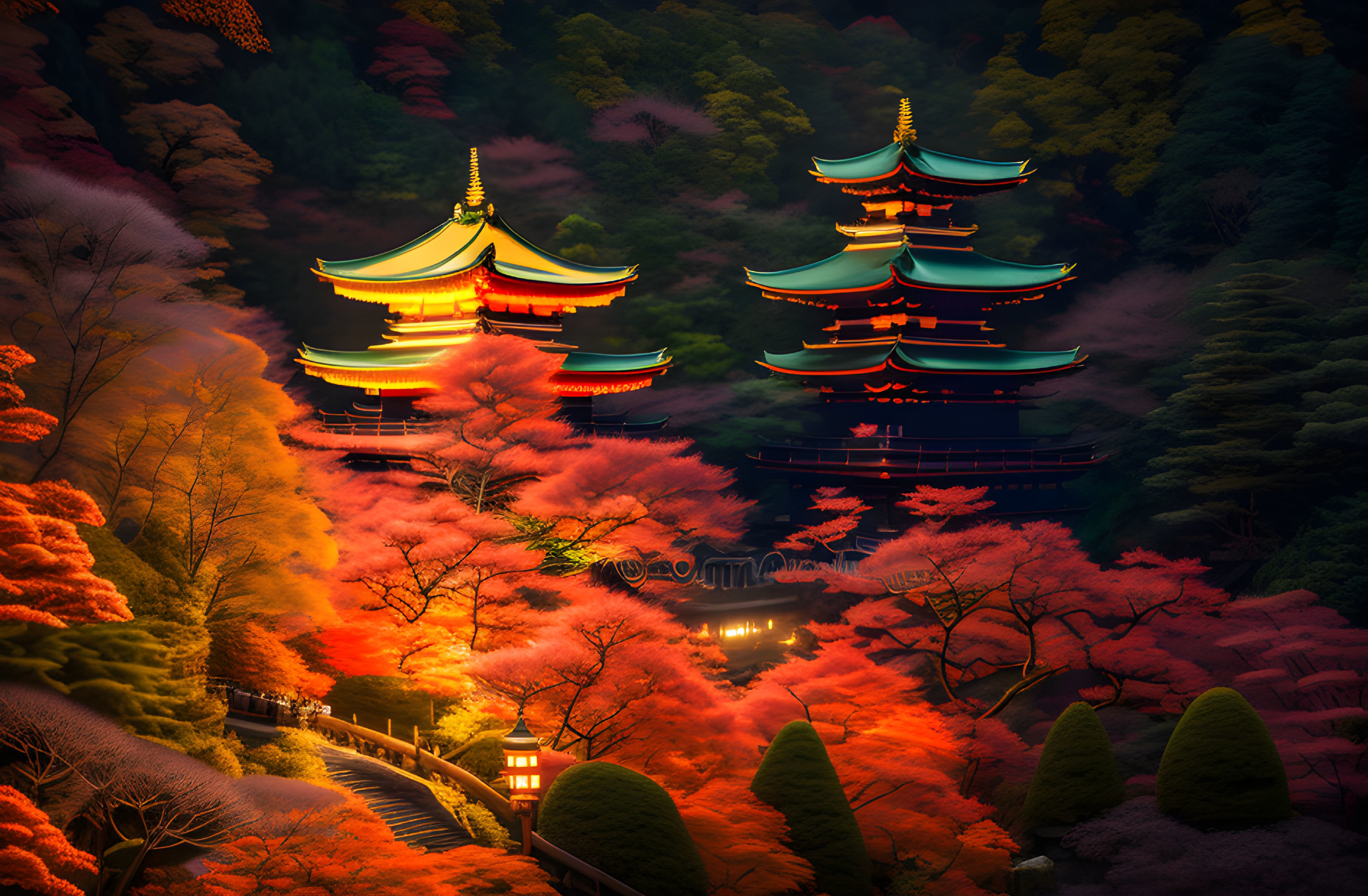 Autumn forest with illuminated pagodas under twilight sky