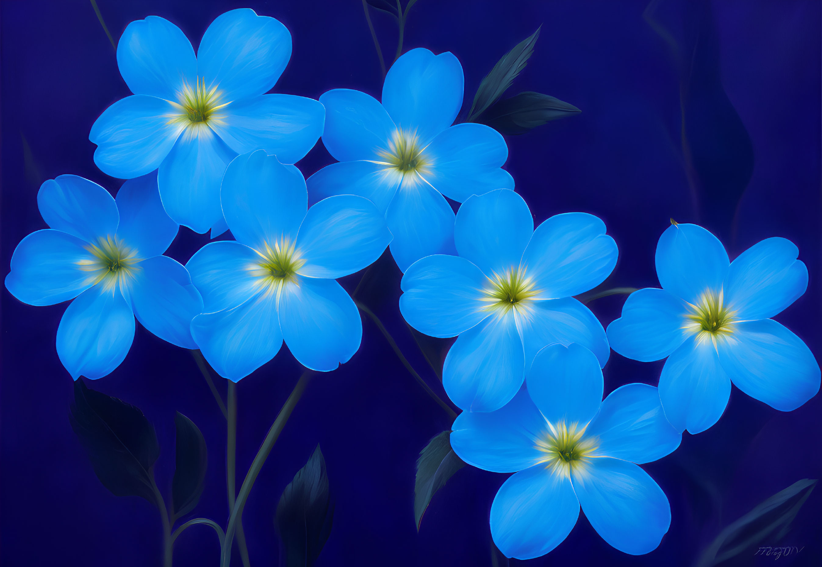 Vibrant blue flowers in digital art against deep blue backdrop