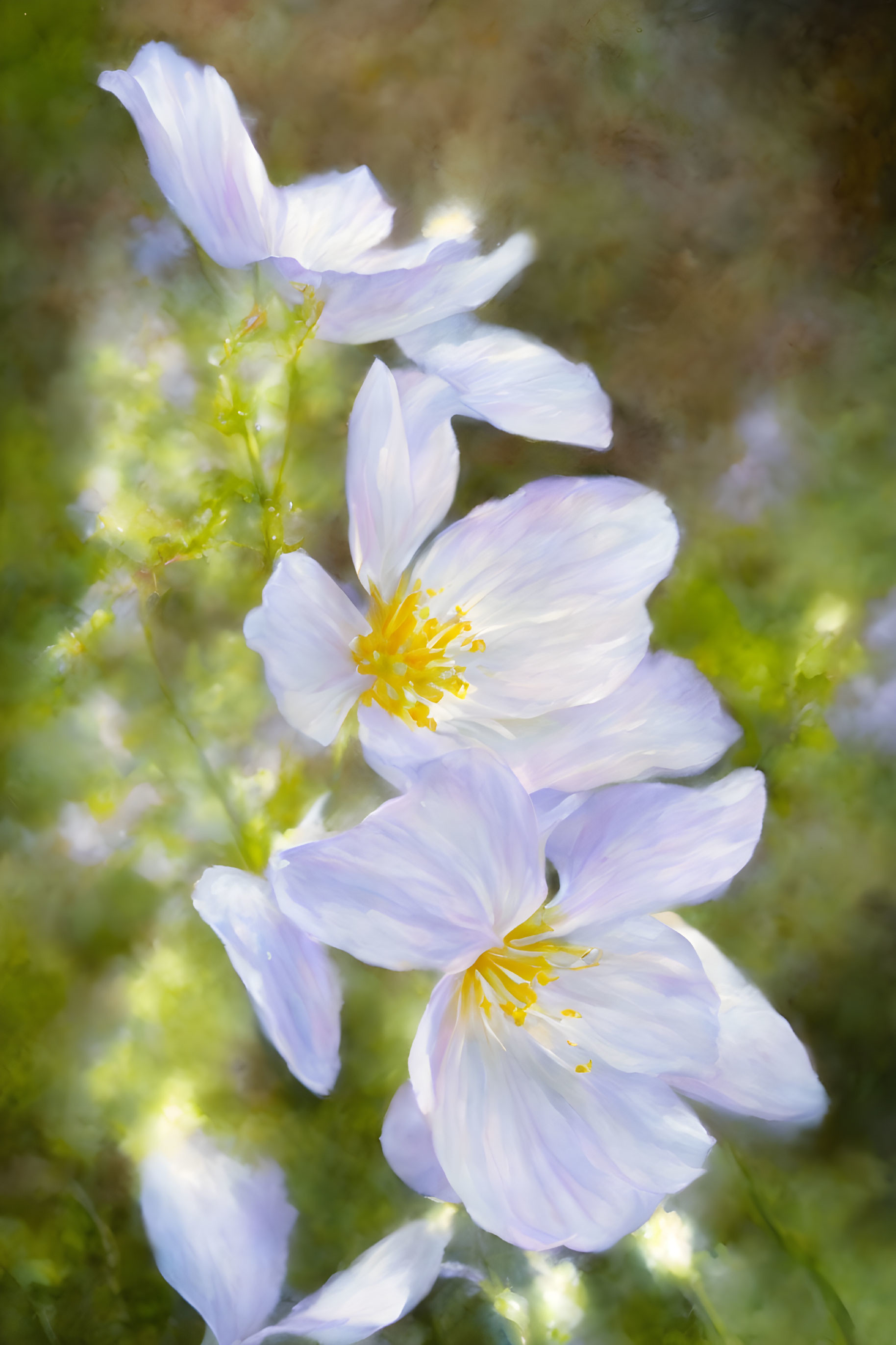 Pale Purple Flowers with Yellow Centers on Dreamy Green and Brown Background