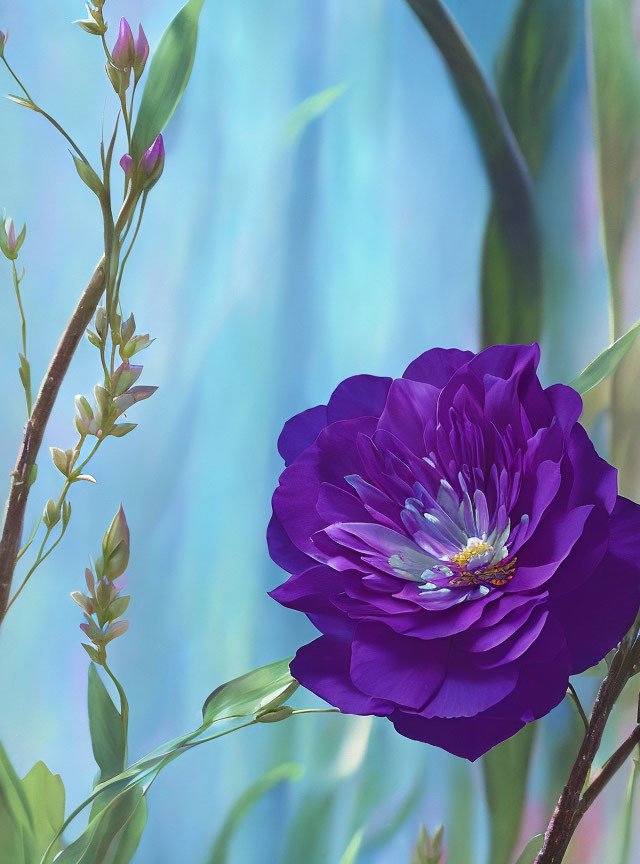 Vivid Purple Flower with Layered Petals and Yellow Center on Soft Blue Background