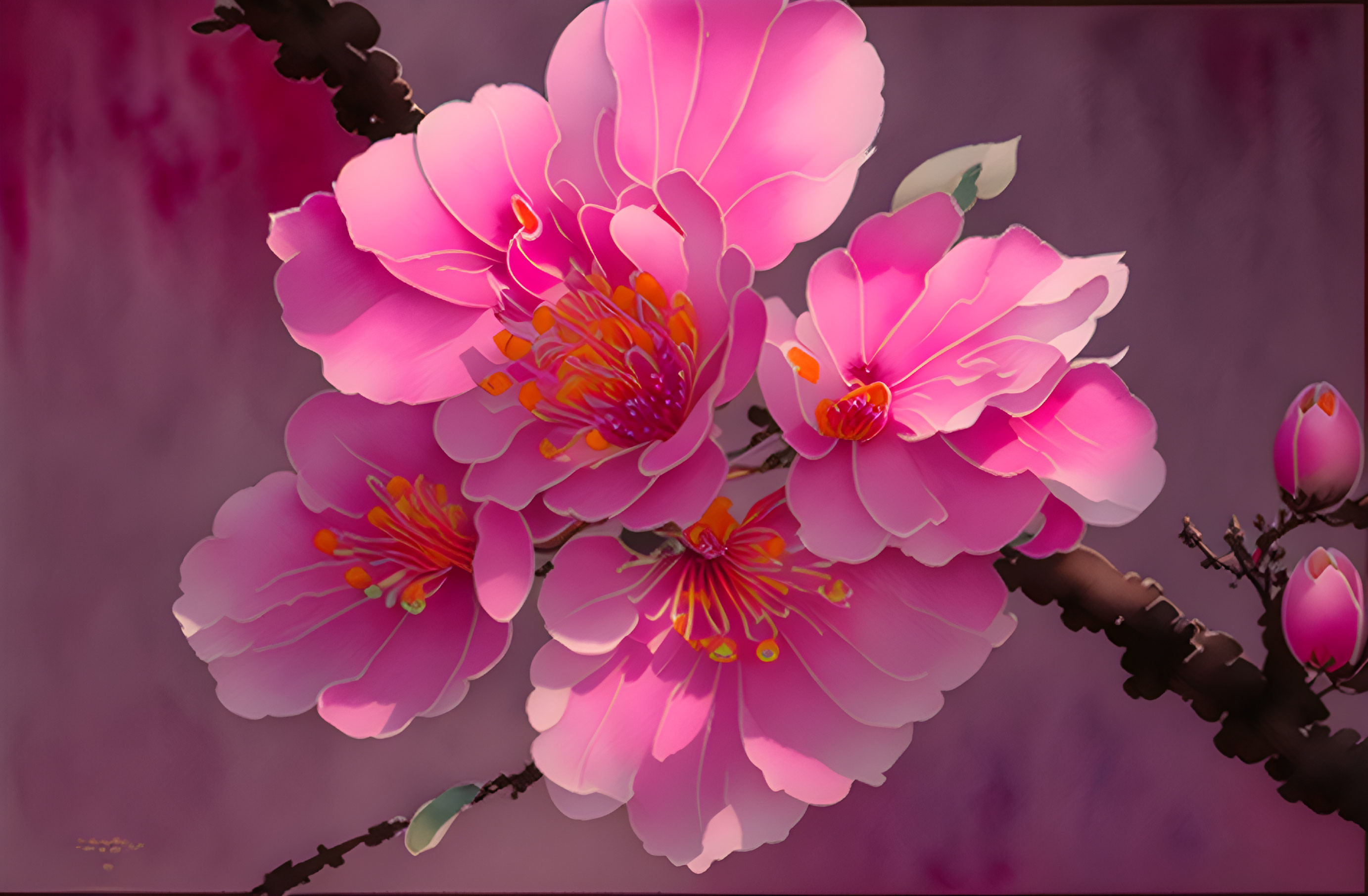 Bright pink cherry blossom flowers on dark branches against textured purple background.