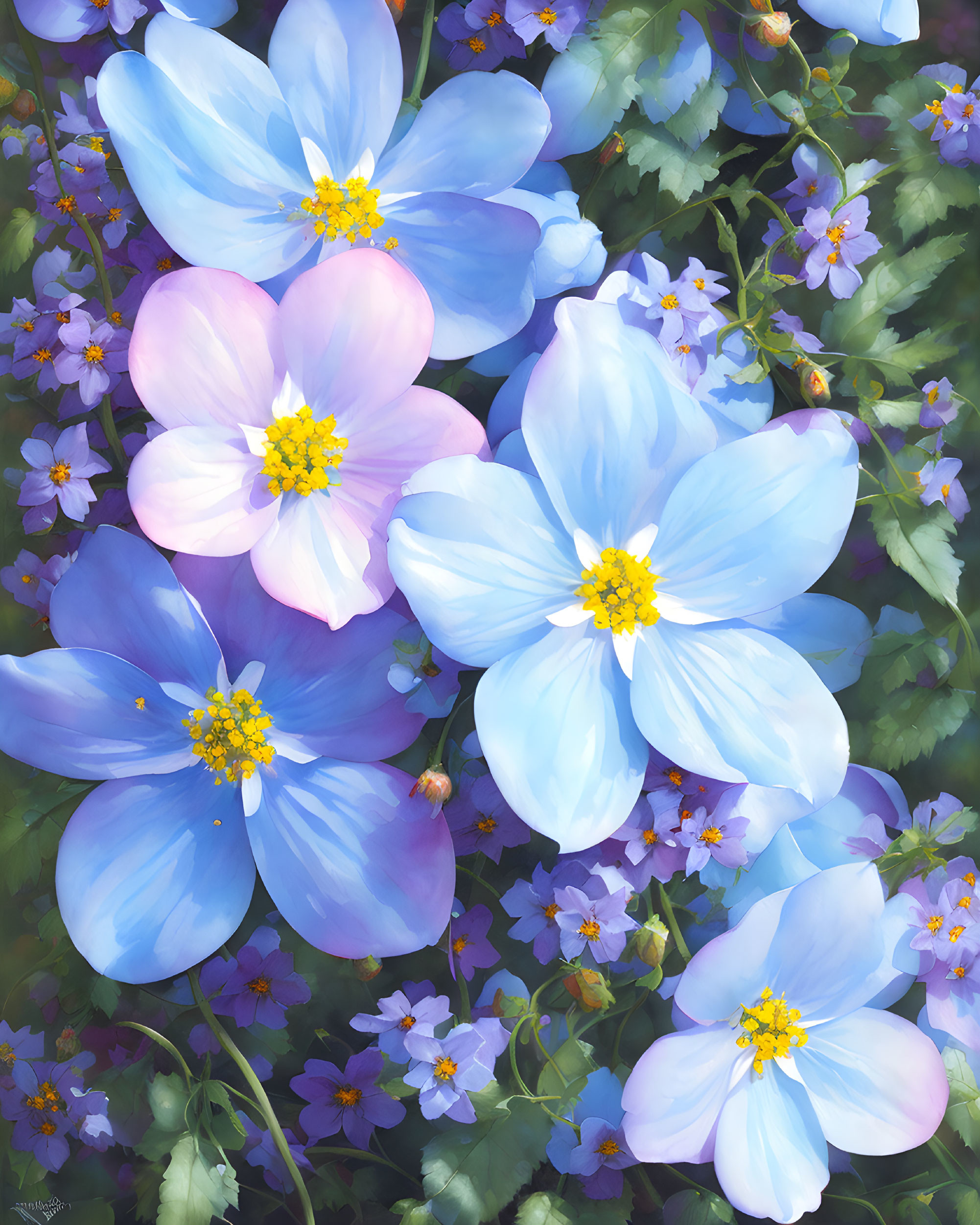 Colorful painting of blue and pink flowers with yellow centers in a lush garden