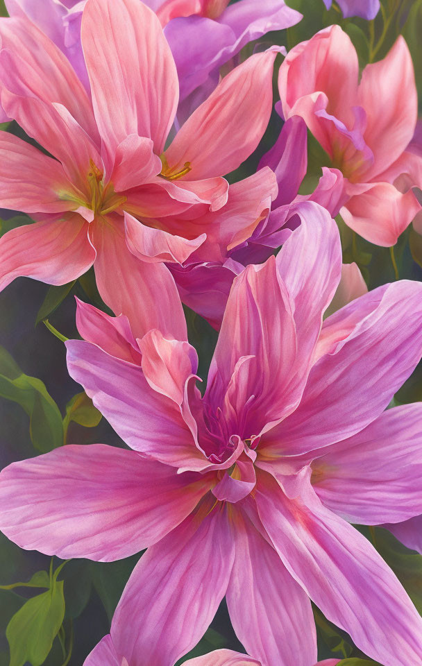 Vibrant painting of pink tulips in full bloom with soft greenery