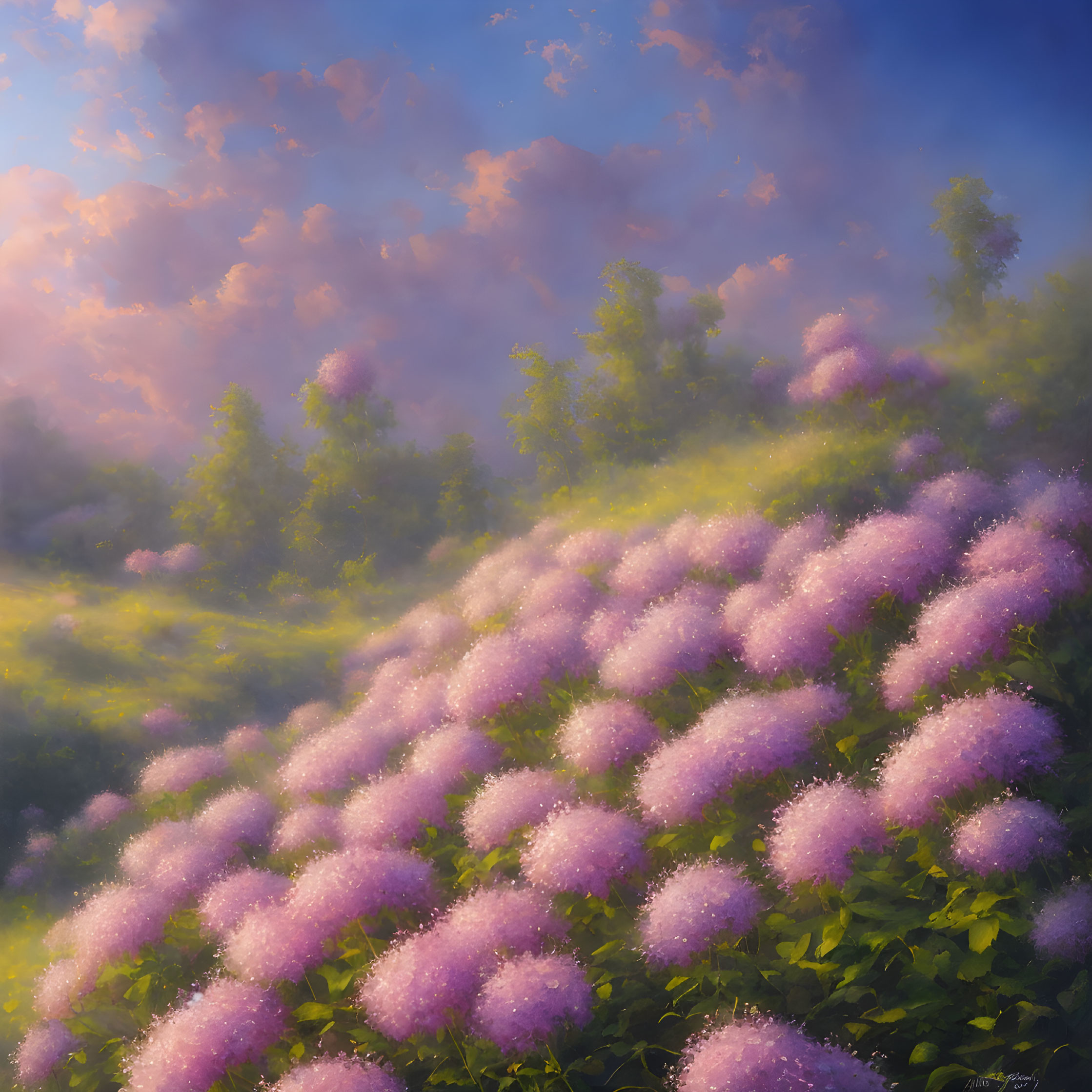 Tranquil landscape with lush purple flowers on hilltop