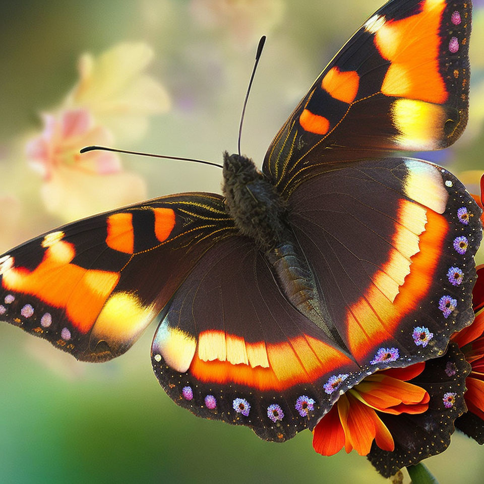 Colorful Butterfly with Orange, Black, and Blue Wings on Flower