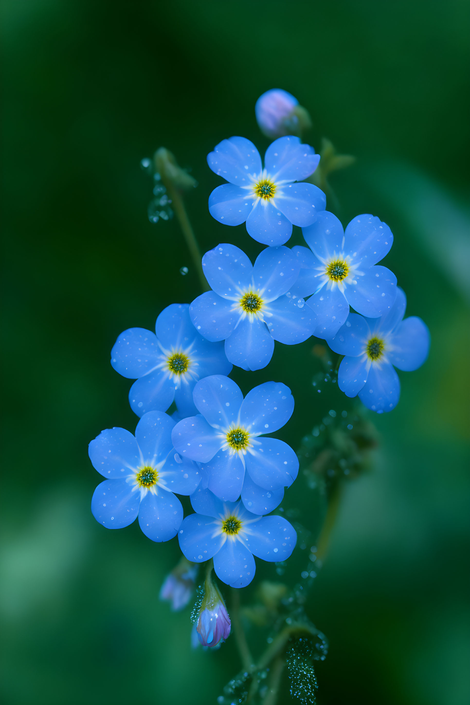 Delicate blue forget-me-not flowers with water droplets on soft green background