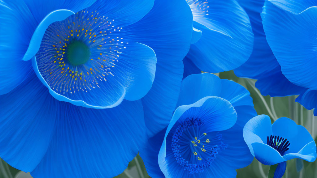 Colorful Blue Poppies with Golden Centers on Soft Background