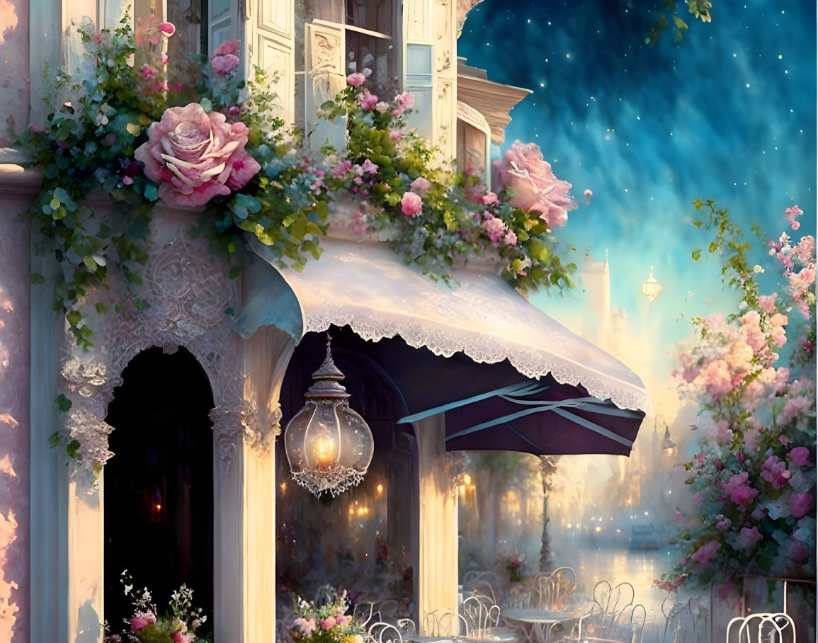 Twilight café terrace with pink flowers and lanterns