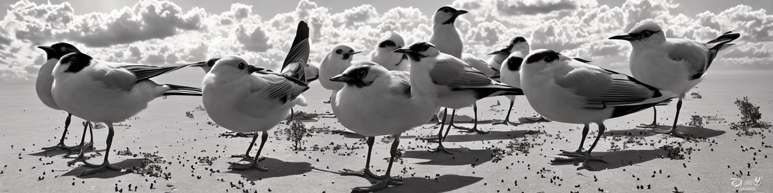 Panoramic black and white photo of seagulls on sandy beach