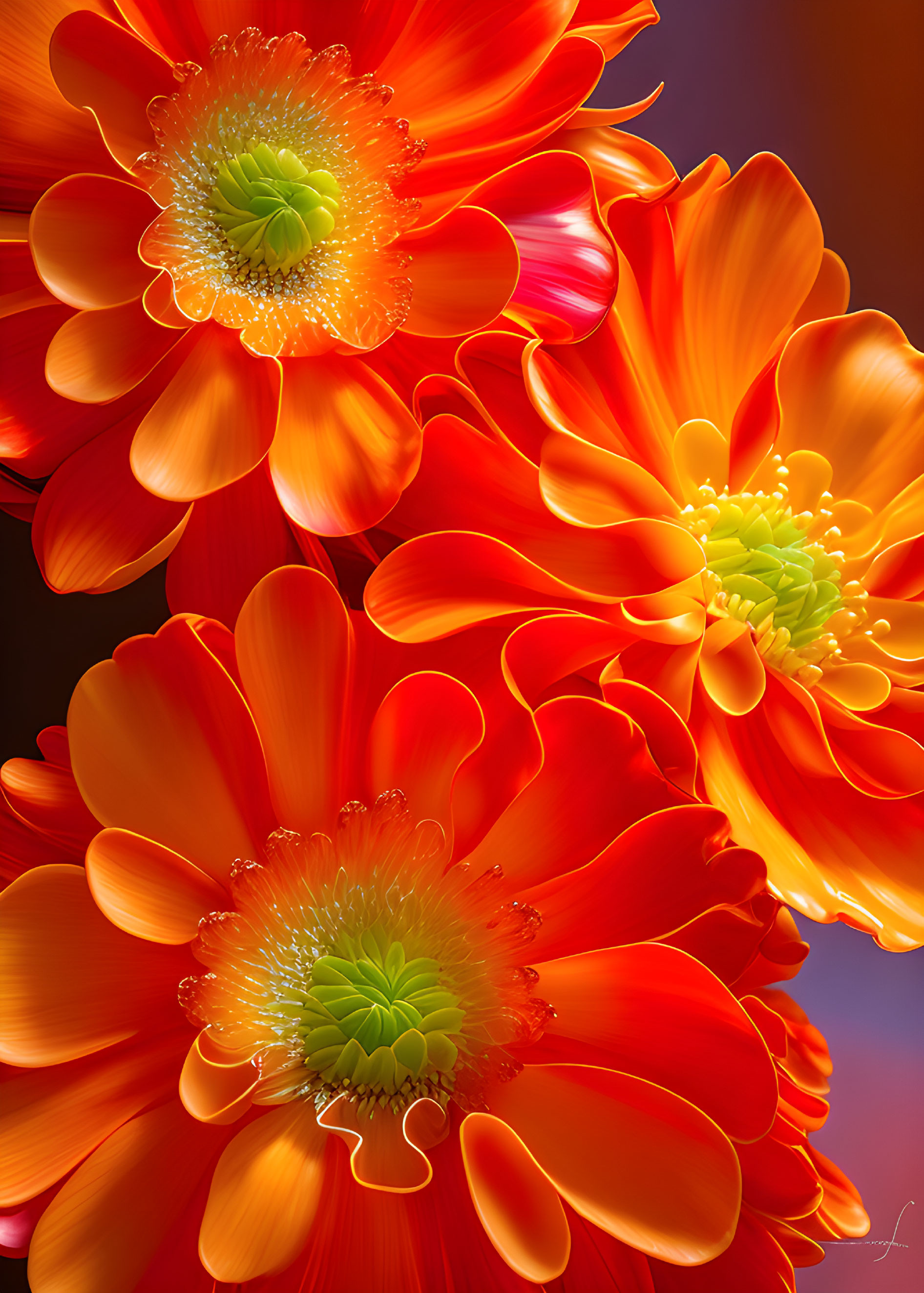 Colorful Flower Photography: Orange, Red, and Yellow-Green Blooms on Warm Background