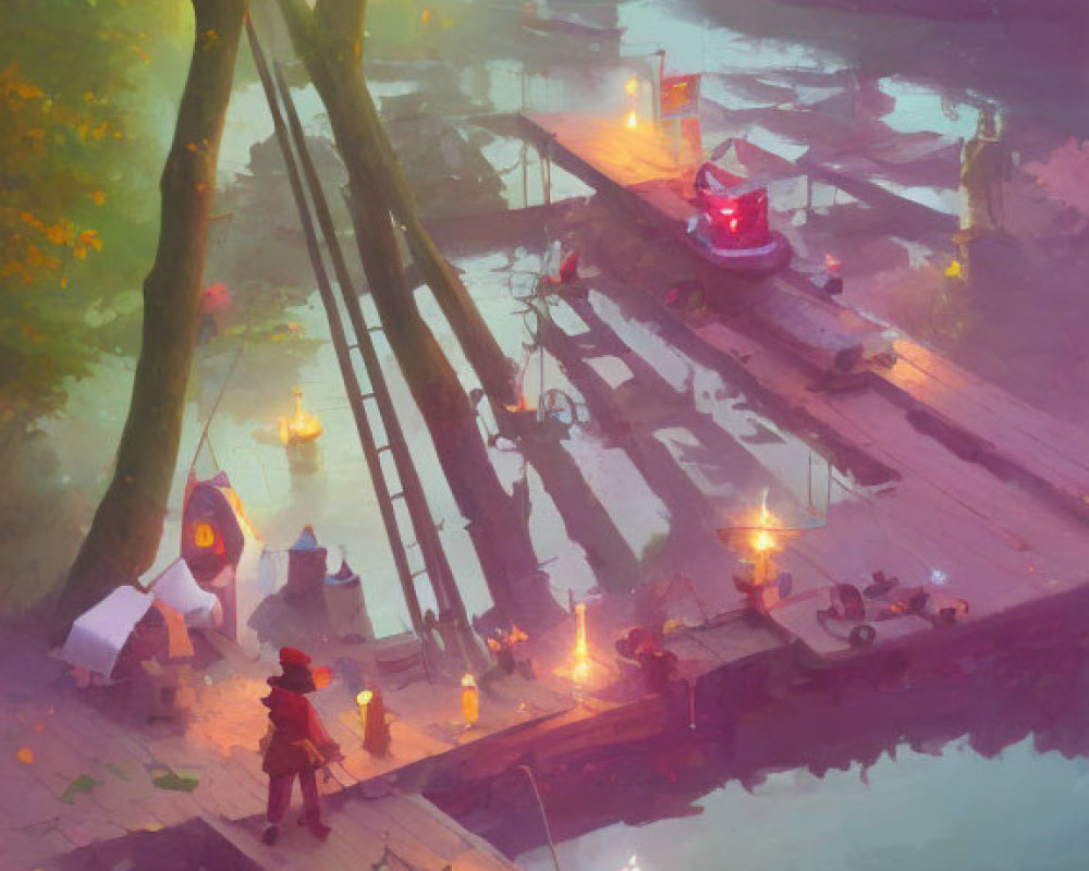 Artwork of Two Individuals on Wooden Dock with Glowing Candles in Twilight Scene