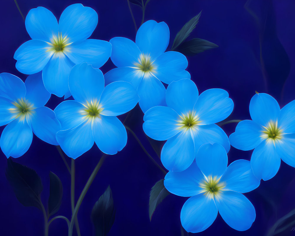 Vibrant blue flowers in digital art against deep blue backdrop