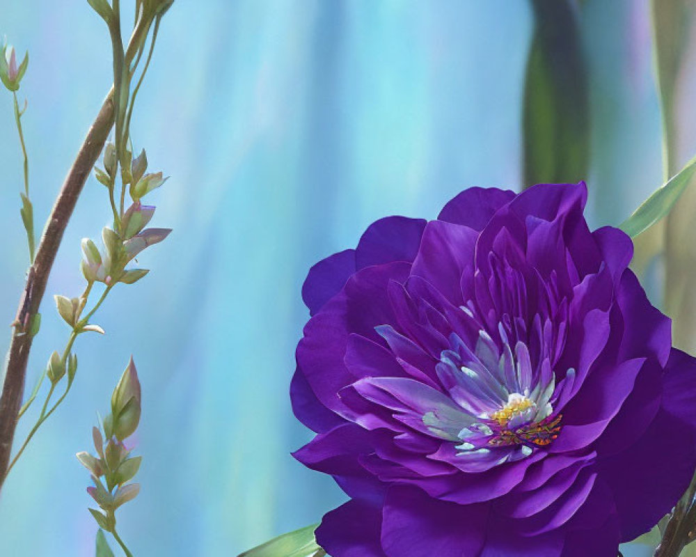 Vivid Purple Flower with Layered Petals and Yellow Center on Soft Blue Background