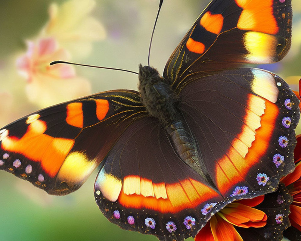 Colorful Butterfly with Orange, Black, and Blue Wings on Flower