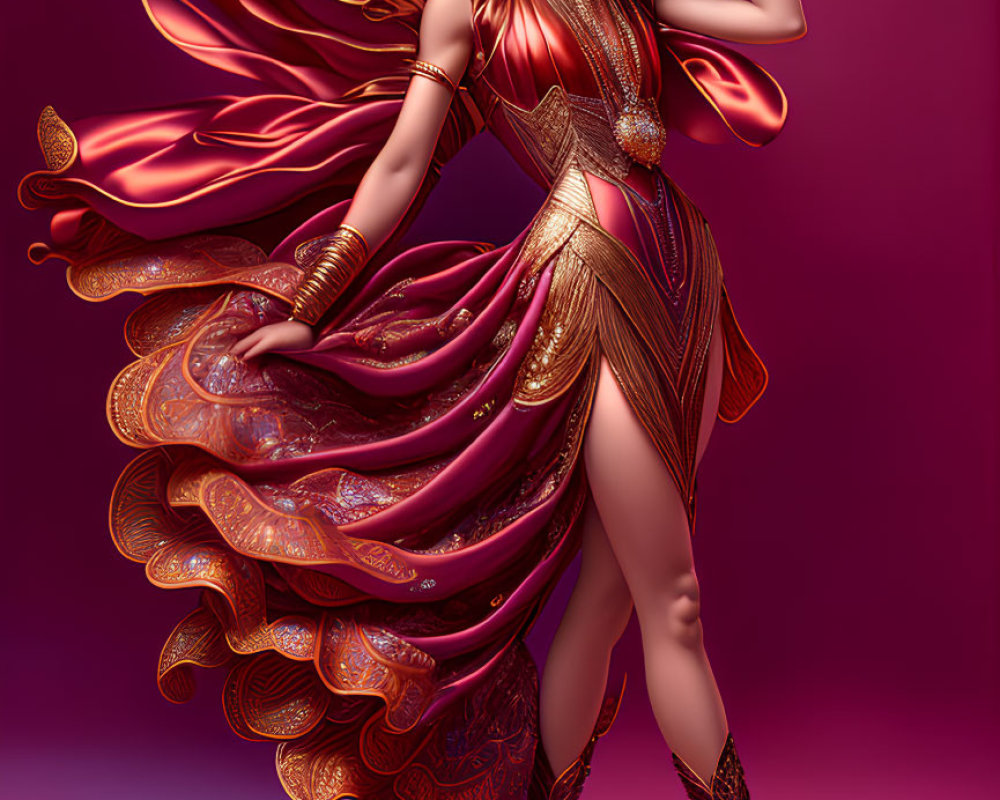 Stylized golden costume woman in dynamic pose on pink background