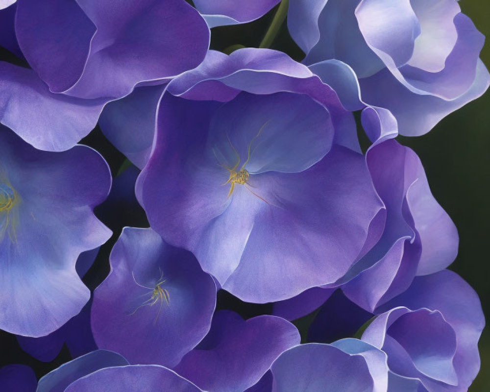 Vibrant purple petals with yellow centers on blue flowers against dark background