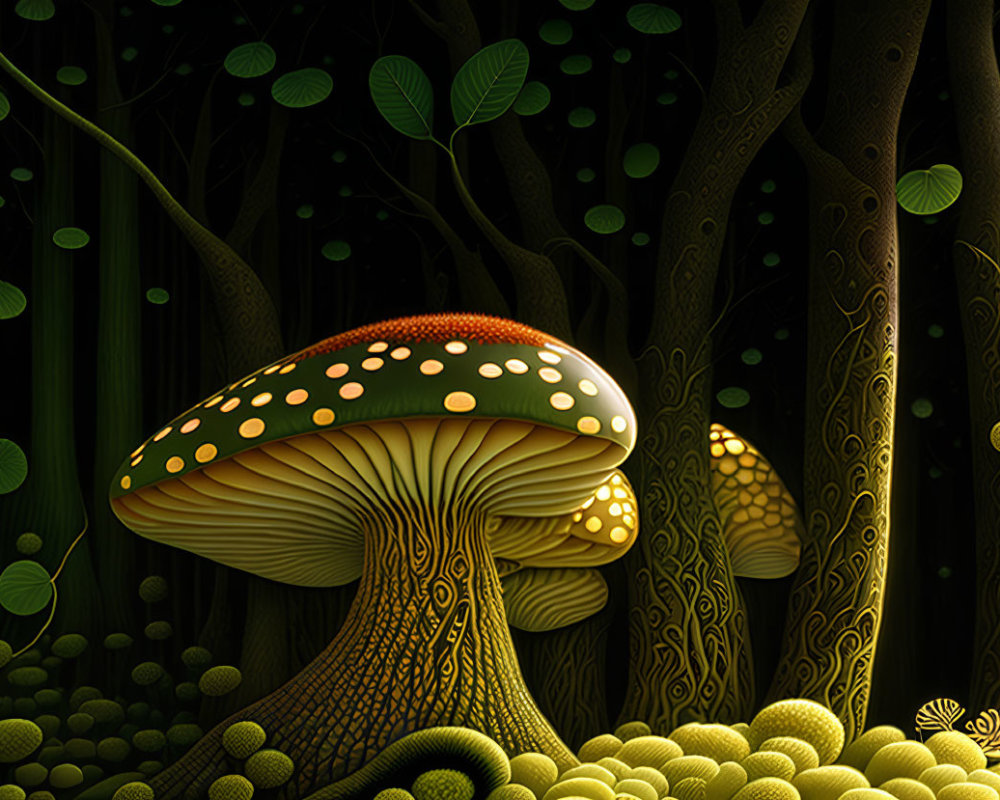 Luminous stylized mushroom in mystical dark forest