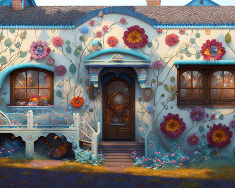 Charming floral-patterned cottage with vibrant flowers and detailed wooden door