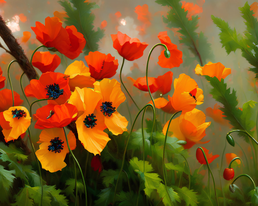 Colorful red and orange poppies in lush greenery with delicate buds and foliage under soft light