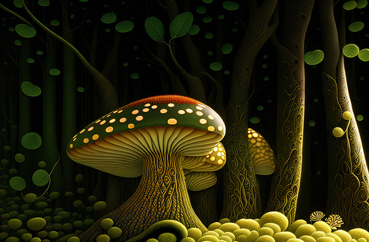 Luminous stylized mushroom in mystical dark forest