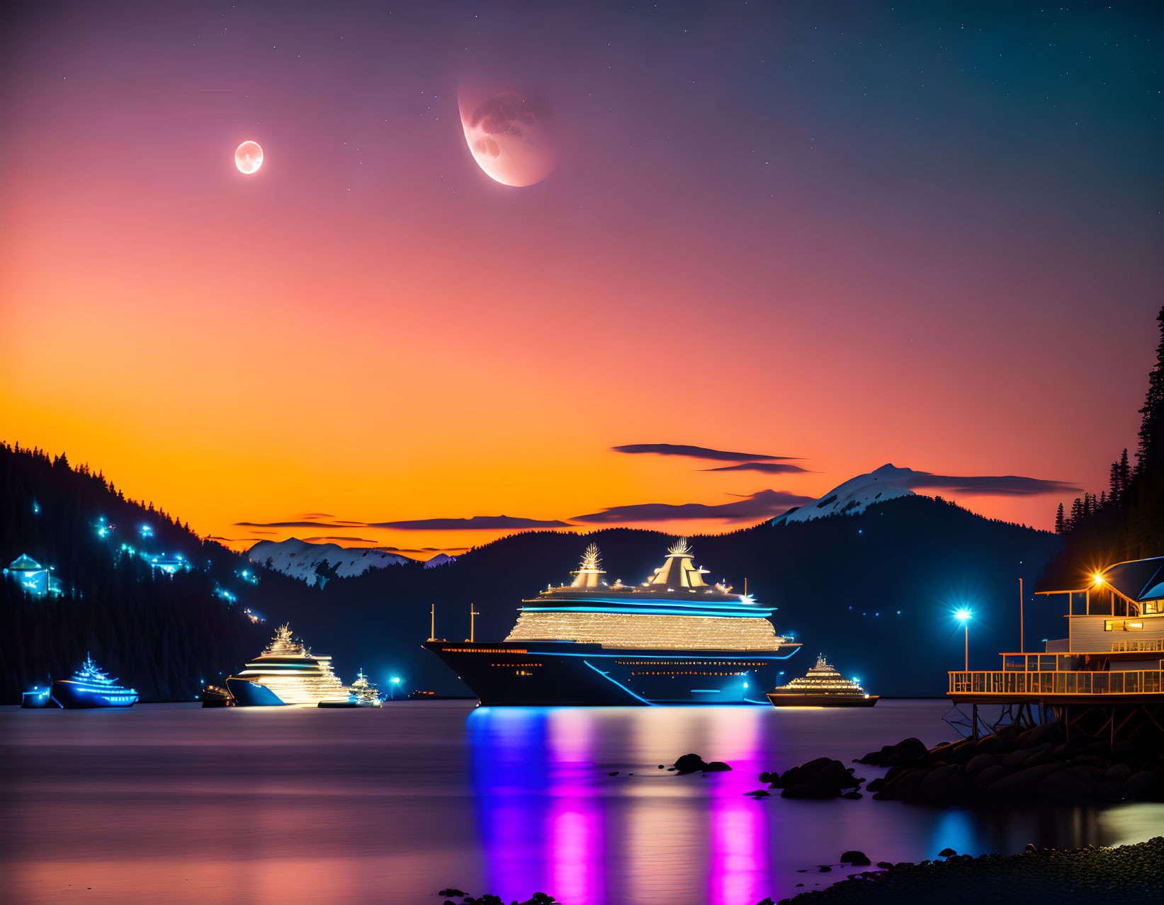 Tranquil harbor at twilight with cruise ships, pine tree silhouettes, and double moon phenomenon