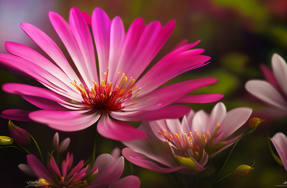 Vibrant pink daisy with yellow stamens in foreground surrounded by soft daisies and