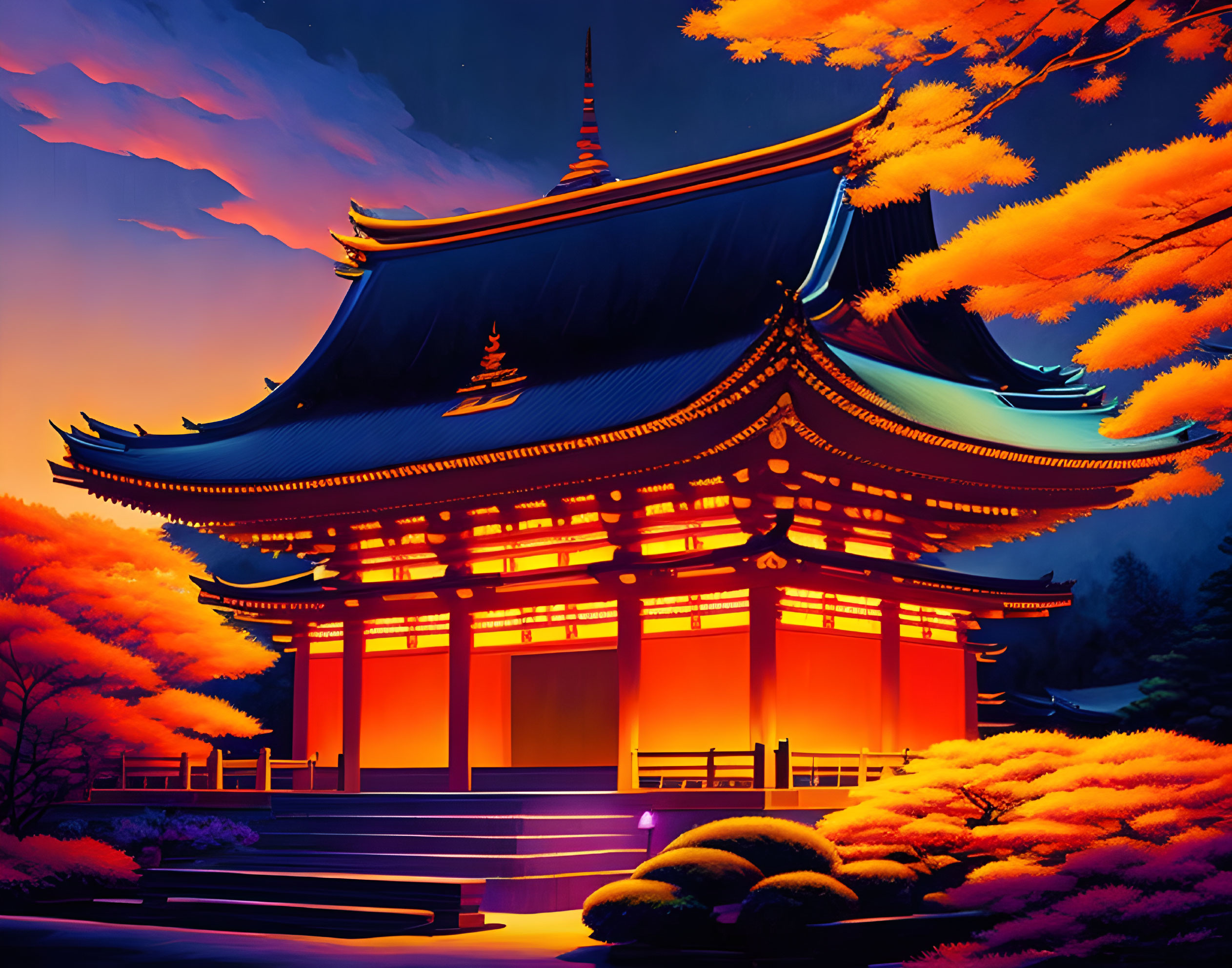 Traditional Japanese temple at twilight with fiery orange maple trees