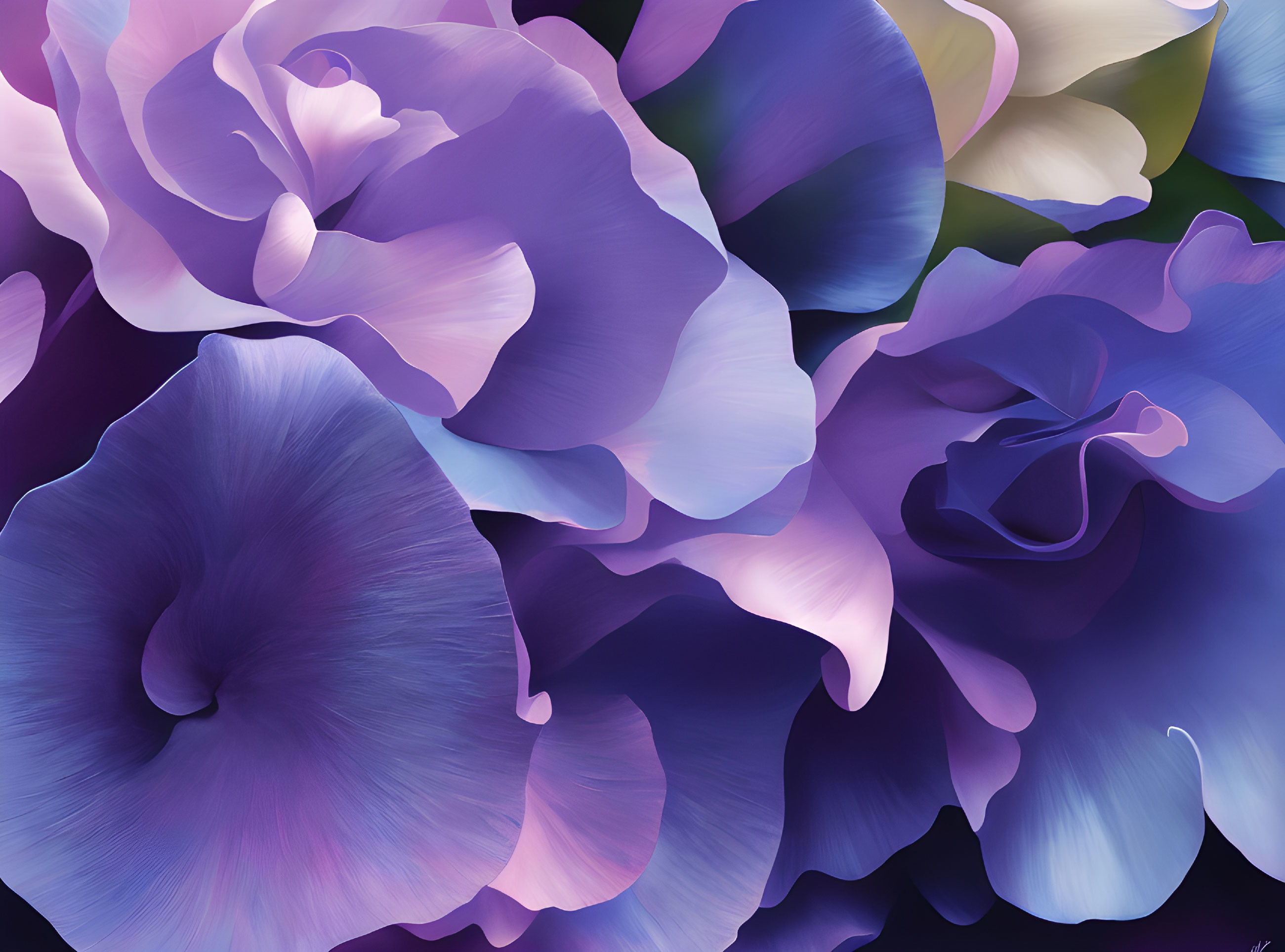 Vibrant violet and blue flowers in digital art with gradient texture