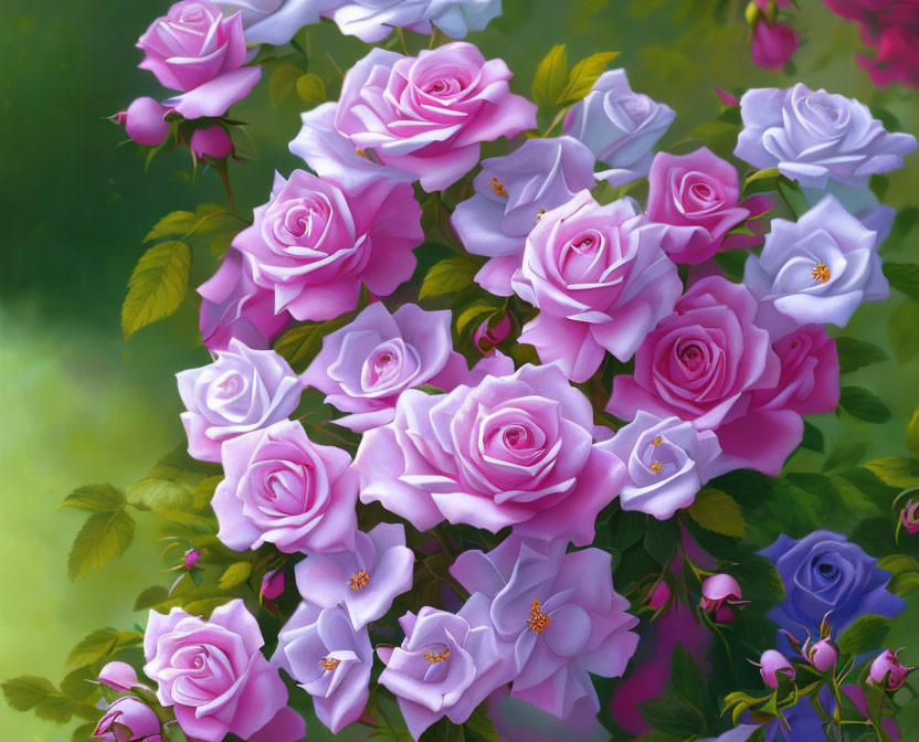 Colorful painting of pink and lilac roses with butterflies on green leaves