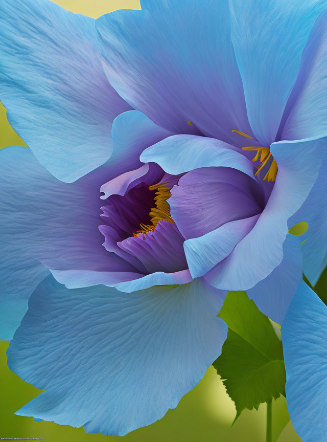 Detailed close-up of delicate blue peony petals surrounding dark purple center and yellow stamens on soft