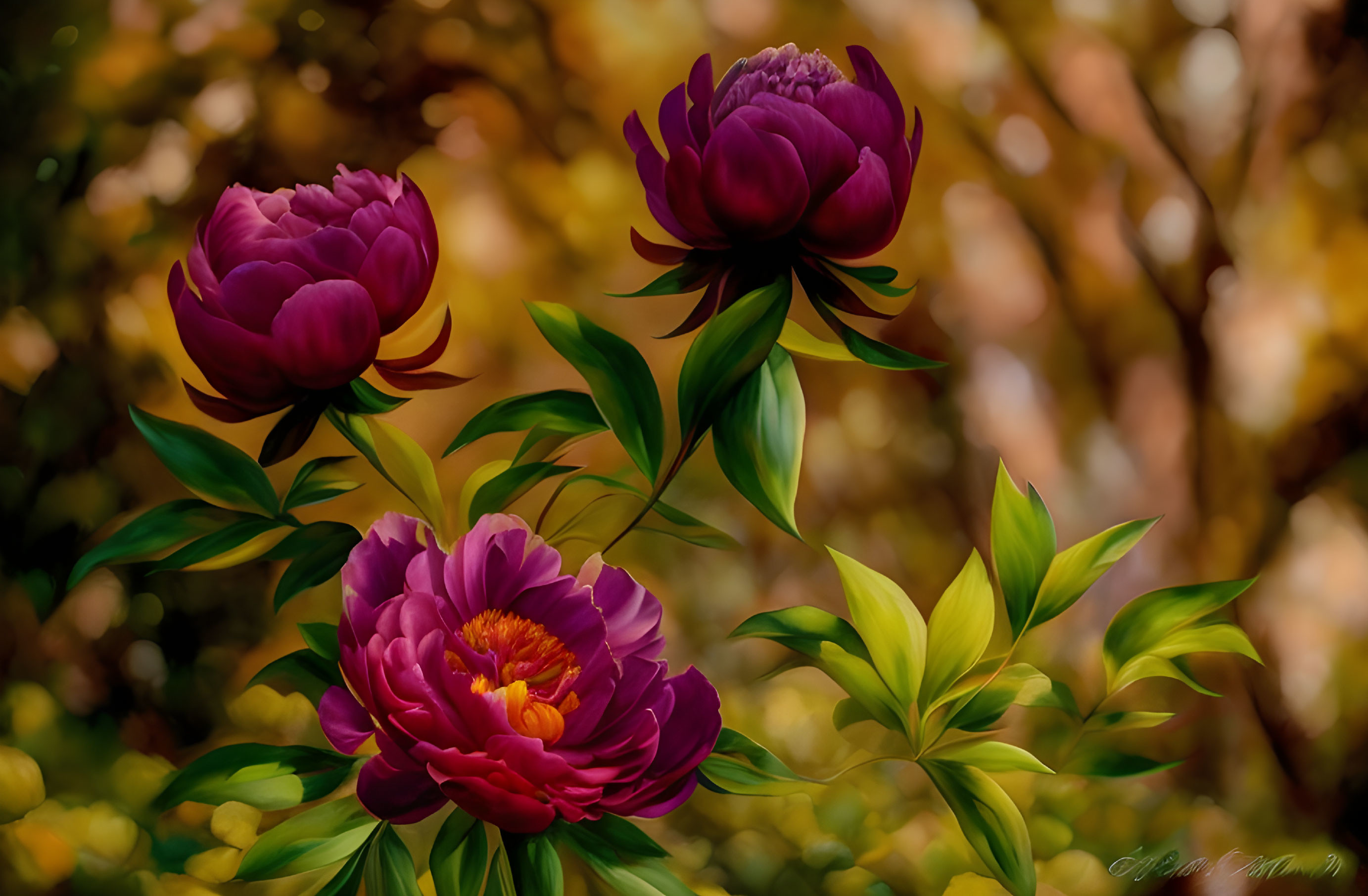 Three vibrant purple peonies in full bloom with lush green leaves on warm autumnal background.