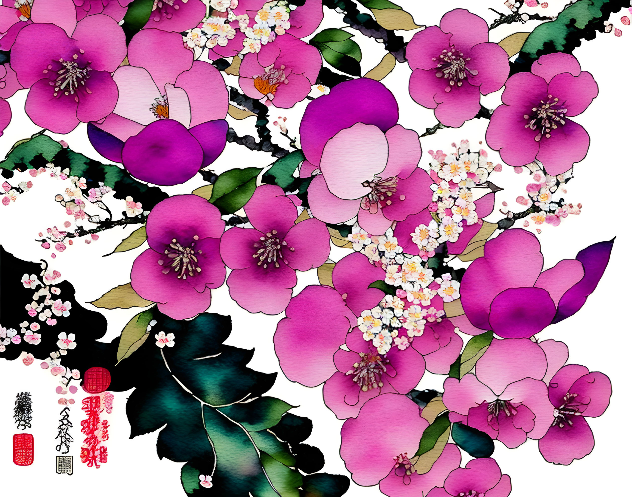 Chinese Ink Painting: Pink Flowers, Delicate Blossoms, Green Leaves, Bee, Red Signature Se