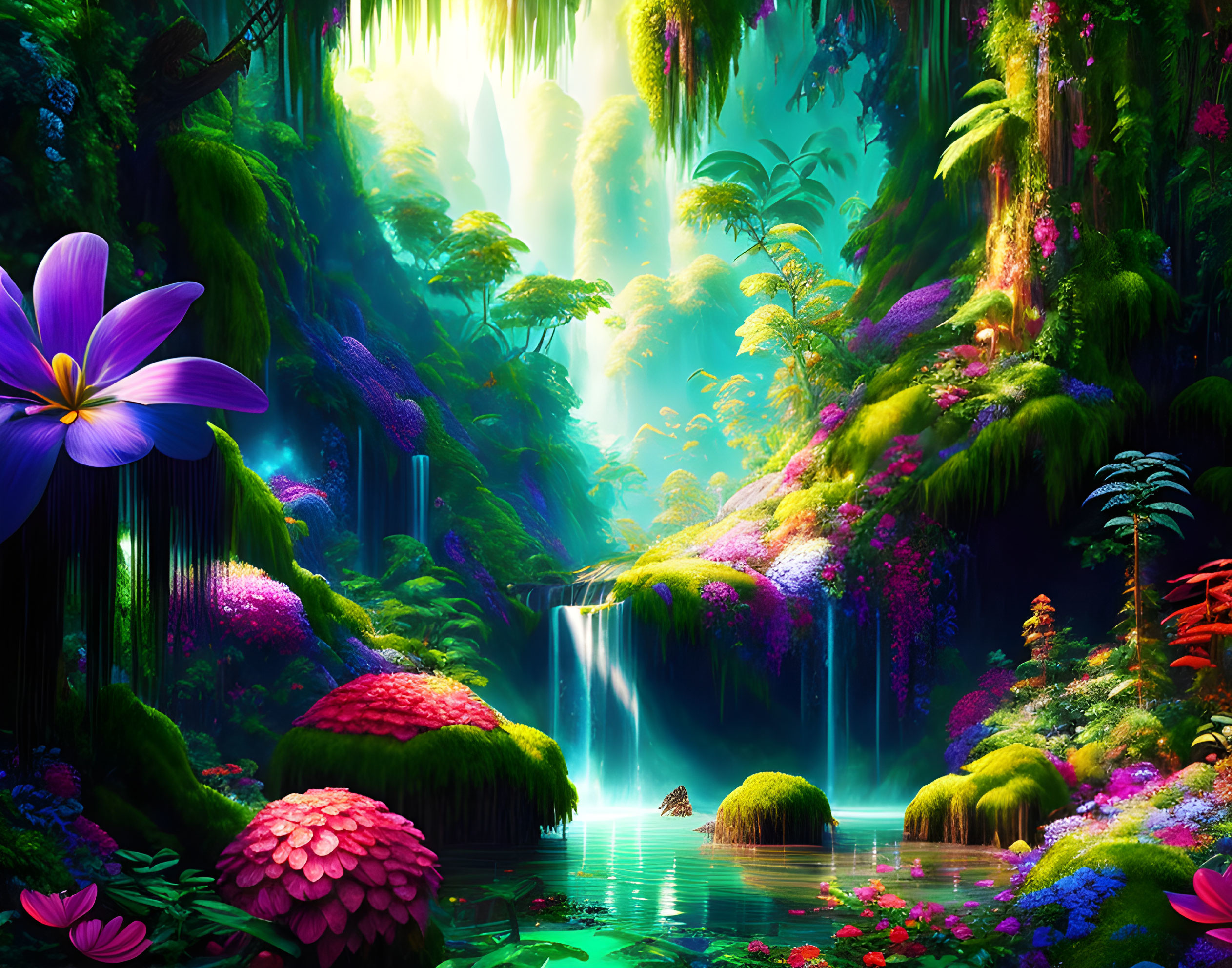 Enchanting forest with waterfalls, greenery, flowers, and sunlight