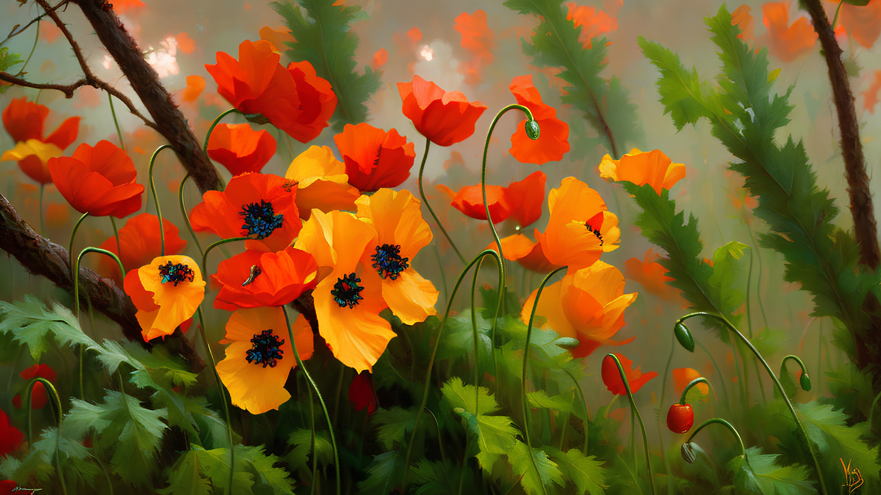 Colorful red and orange poppies in lush greenery with delicate buds and foliage under soft light