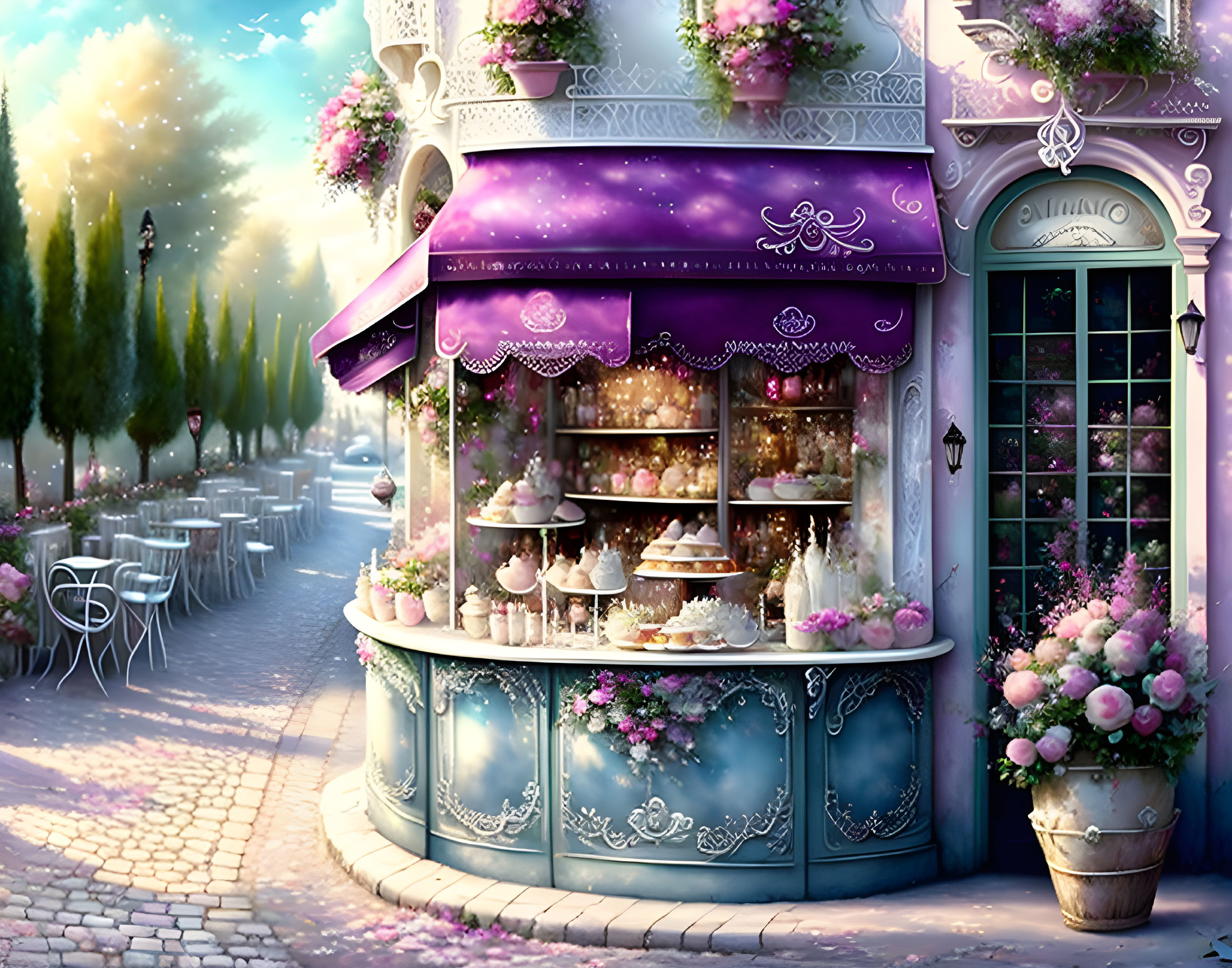 Charming street-side patisserie with purple awning and cakes, surrounded by flowers at twilight