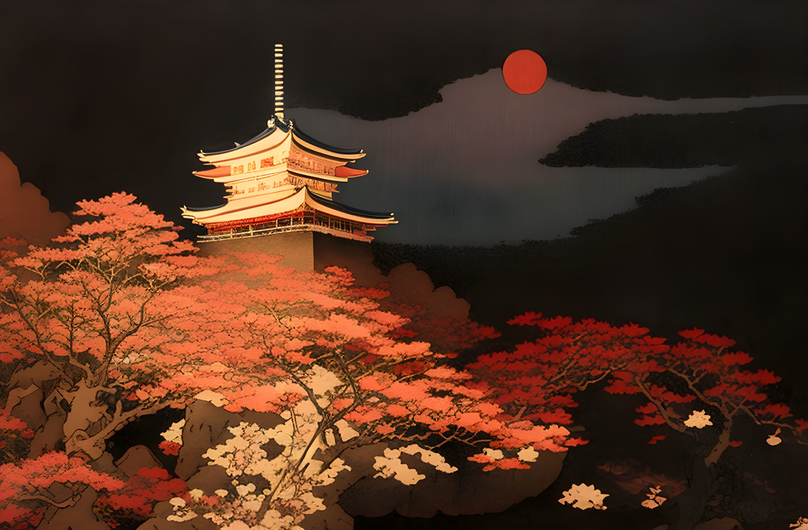 Traditional East Asian Pagoda by Serene Lake at Sunset with Autumn Foliage