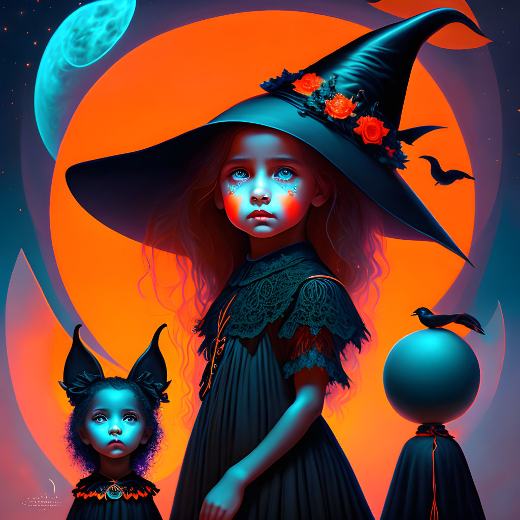 Fantastical witch characters under orange moon with crows and bat