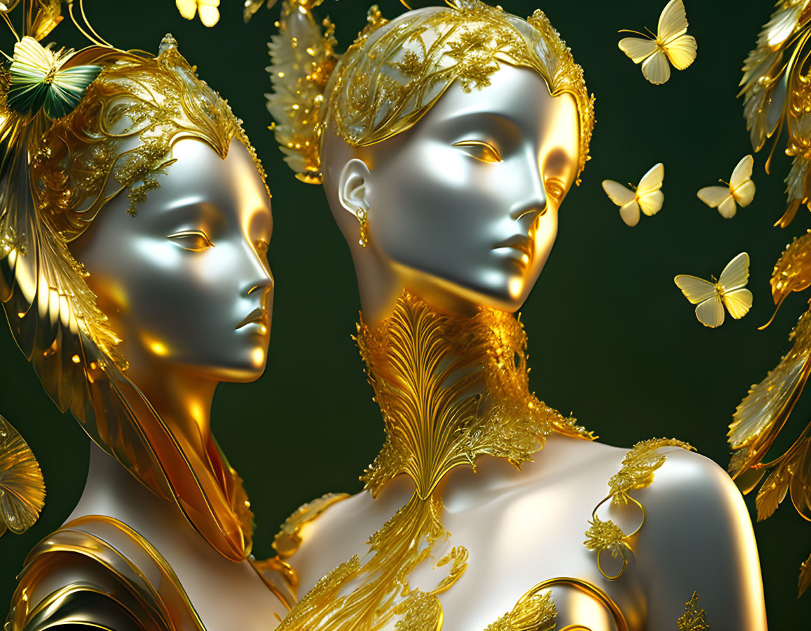 Intricate golden statues with butterflies on dark background