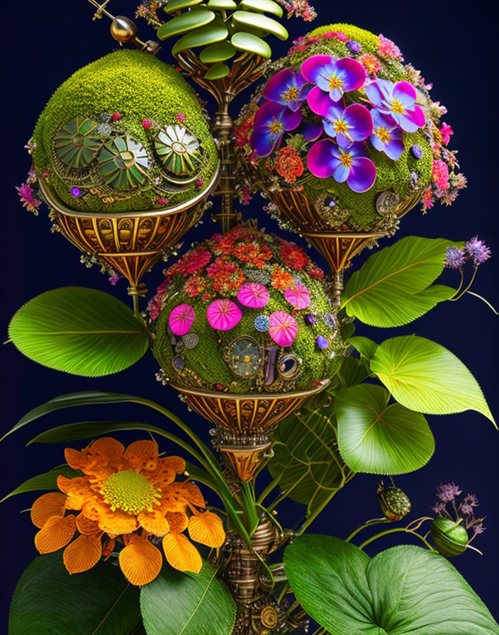 Ornate floating botanical spheres with vibrant flowers and foliage on dark background