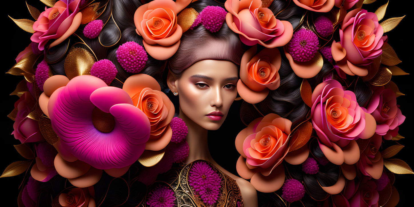 Woman with Elaborate Floral Hair Adornments in Orange and Pink